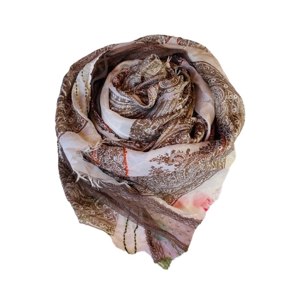 Stunning Silk Tan Orange Sete De Jaipur Mixed Media Mesh Embroidered Silk Scarf - Picture 1 of 15